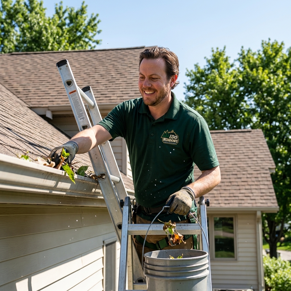 Technician on a ladder safely cleaning leaves out of a house gutter
