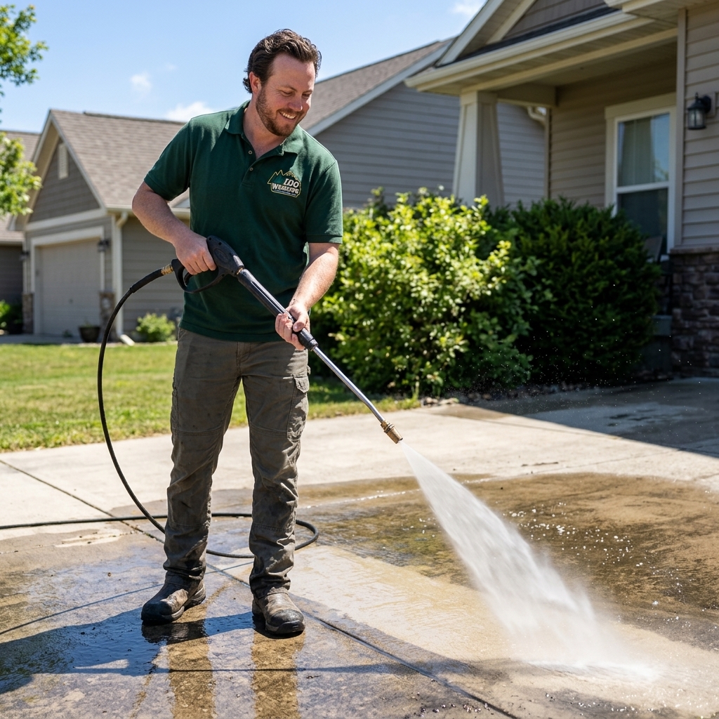 Technician using a pressure washer wand to clean a concrete driveway