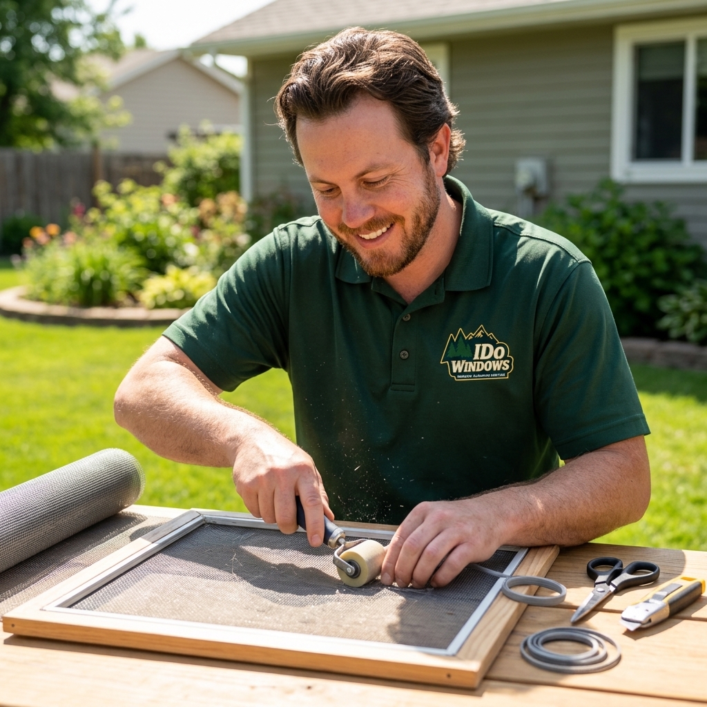 Technician replacing screen mesh on a window screen frame outdoors